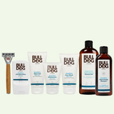 Bulldog Skincare products including a razor, shampoo, shower gel, face wash, and balm on a white background.